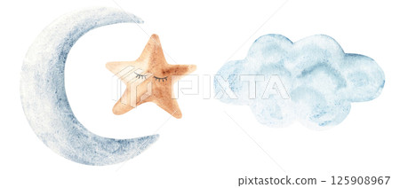 Set of Crescent blue Moon with and cute sleeping Star and Cloud. Hand drawn Watercolor illustration isolated on a white background. Baby design elements. For kids goods, prints, cards or invitations. Set of Crescent blue Moon with and cute sleeping Star and Cloud. Hand drawn Watercolor illustration isolated on a white background. Baby design elements. For kids goods, prints, cards or invitations. 125908967