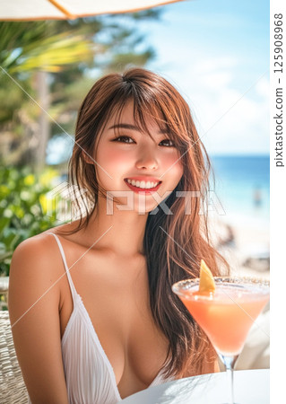 Coastal cafe_Woman in summer dress 1 Coastal cafe_Woman in summer dress 1 125908968