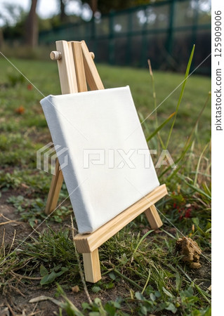 Wooden artist easel with empty white canvas standing on a grass 125909006