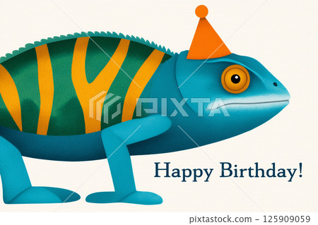 Blue and green chameleon wearing orange party hat celebrating birthday 125909059