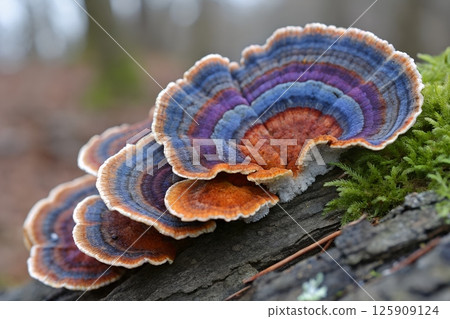 Vibrant turkey tail fungus growing on a mossy log, colorful polypore mushrooms in a forest setting 125909124