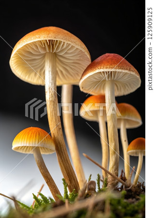 Cluster of psilocybe mushrooms with distinctive caps, hallucinogenic species in damp forest environment 125909125