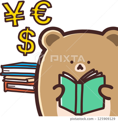 A cute bear reading a book to learn about money 125909129