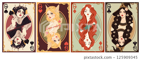 Queen of Spades, Queen of Hearts, Queen of Clubs and Queen of Diamonds. Playing cards vector set. Art nouveau style 125909345