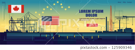 Trade war Canada United States oil industry tariffs war industrial construction site flags drilling rigs pipelines abstract background website header 125909346