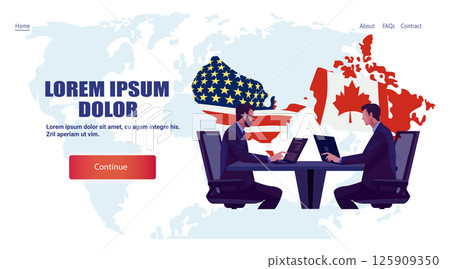 Trade war tariffs war USA Canada negotiation businessmen at table laptops world map background national flags website banner 125909350