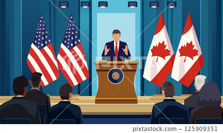 Trade war USA Canada press conference tariffs conflict government official podium audience national flags blue background Trade war USA Canada press conference tariffs conflict government official podium audience national flags blue background 125909351