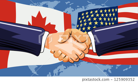 Handshake Canada United States trade war agreement concept two hands shaking in front of national flags world map background business negotiation 125909352
