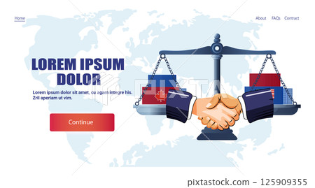 Handshake trade war tariffs war Canada United States balance scales shipping containers world map business negotiation website banner Handshake trade war tariffs war Canada United States balance scales shipping containers world map business negotiation website banner 125909355