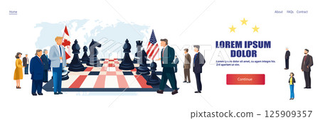 Trade war chessboard Canada United States businesspeople negotiation tariffs war concept international relations diplomacy map website banner 125909357