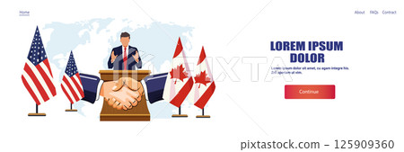 Trade war United States Canada handshake agreement negotiation businessman podium national flags world map website banner 125909360