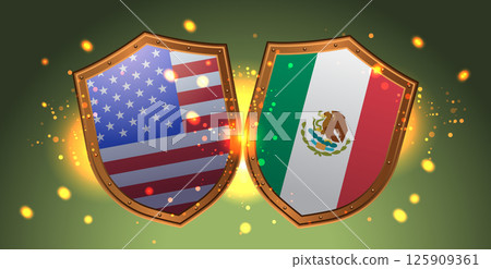Trade war USA Mexico tariffs war shields clash glowing sparks confrontation green background abstract concept banner Trade war USA Mexico tariffs war shields clash glowing sparks confrontation green background abstract concept banner 125909361