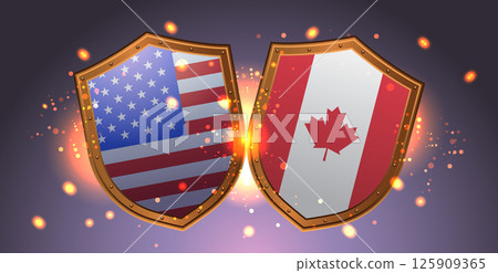 USA Canada trade war shields confrontation sparks glowing clash concept dark background 125909365