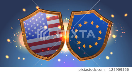USA EU trade war tariffs war shields clash sparks confrontation blue background glowing effects 125909366
