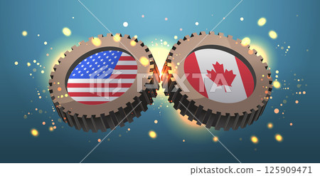 USA Canada trade war tariffs war concept gears with national flags clashing sparks blue background abstract conflict banner 125909471