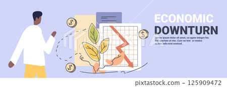 Economic downturn trade war tariffs war concept businessman observes falling chart broken arrow coins dried leaves pastel background website banner 125909472