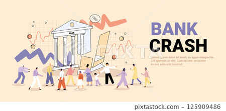 Bank crash financial crisis people fleeing collapsing building charts panic crowd abstract pastel background website banner 125909486