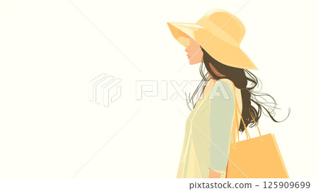 Woman enjoys shopping in a light-colored attire, wearing a stylish hat and carrying a bag, showcasing a fashionable lifestyle 125909699