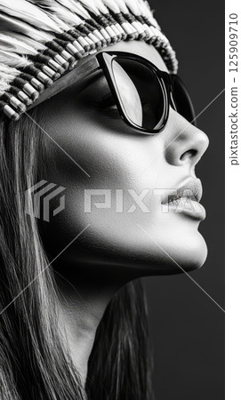 A beautiful Native American woman with sunglasses displays her features in a stunning black and white portrait against a dark background Generative AI 125909710