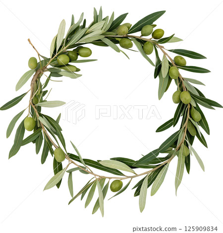 Handmade olive branch wreath with fresh green leaves and plump olives, organic earthy decor 125909834