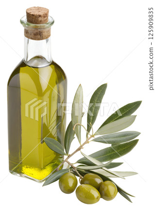 Glass olive oil bottle with fresh olives and olive branch, natural mediterranean extra virgin oil product 125909835