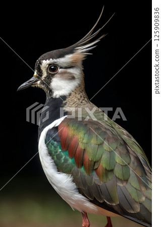 Close-up of a lapwing bird with striking black and white plumage and long wispy crest 125909836