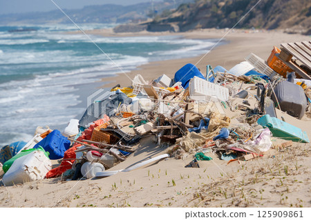 漂流的垃圾在海灘上被沖走 125909861