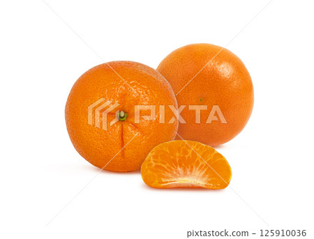 Two tangerines with a slice isolated on white background. Mandarin fruit. Two tangerines with a slice isolated on white background. Mandarin fruit. 125910036