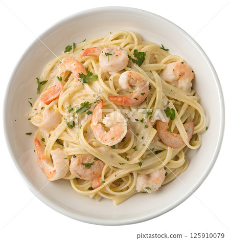 Delicious pasta with shrimps and cream sauce on a white plate view from the top isolated on the transparent background 125910079