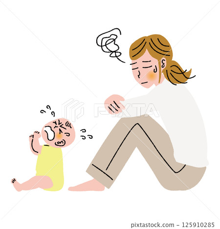 A mother tired of raising her child and her crying baby 125910285