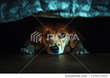 a dog hiding under bed at home .darkness on background... 125911429
