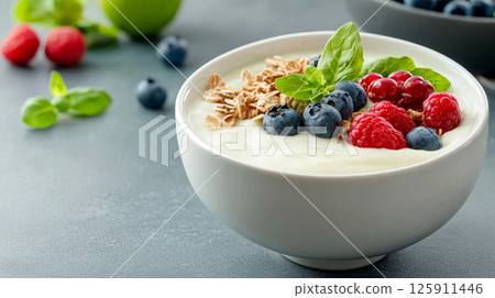 Fresh Healthy Breakfast Bowl with Creamy yogurt bowl topped and fresh berries. Fresh Healthy Breakfast Bowl with Creamy yogurt bowl topped and fresh berries. 125911446