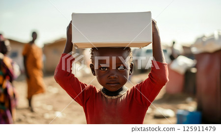 Little African boy holds a white box. Concept of helping starving people. 125911479