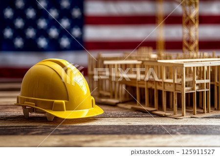 A minimalist Labor Day background with a simple, clean design of a hard hat resting on an American flag, set on a white backdrop. A minimalist Labor Day background with a simple, clean design of a hard hat resting on an American flag, set on a white backdrop. 125911527