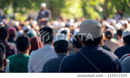 Muslim Man Addresses a Large Outdoor Gathering. Muslim Man Addresses a Large Outdoor Gathering. 125911529
