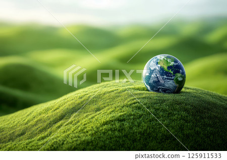 surreal grass landscape with globe earth and Earth Texture of forest view from above ecosystem and healthy environment Globe and forest . 125911533