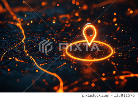 close up A glowing location gps pin around circles. close up A glowing location gps pin around circles. 125911576