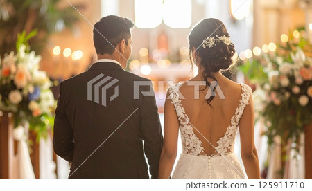 Back view of the bride and groom and the flower path Back view of the bride and groom and the flower path 125911710