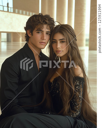Young couple in elegant attire posing together in a modern architectural space 125911994