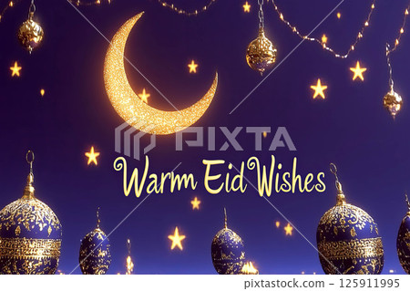 Warm Eid wishes with crescent moon and decorative lanterns  125911995