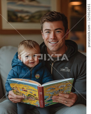 Father and son enjoying story time together, sharing laughter and joy  125912031