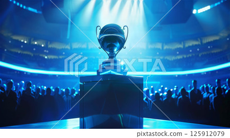 Championship Football Trophy illuminated in a vibrant arena with cheering fans 125912079