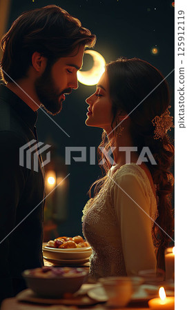 Romantic couple sharing an intimate moment during a candlelit dinner 125912119