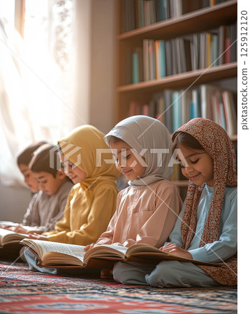 Children reading books together in celebration of Eid al-Adha, showcasing joy 125912120