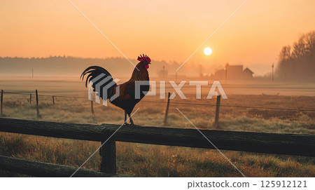 Rooster perched on a fence at sunrise with misty landscape in the background showcasing rural beauty concept 125912121