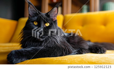 Majestic black cat lounging comfortably on a vibrant yellow sofa showcasing elegance and charm concept 125912123