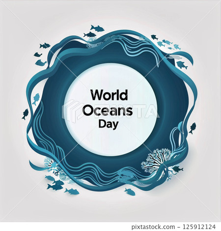 World Oceans Day celebration with vibrant waves, marine life illustrations World Oceans Day celebration with vibrant waves, marine life illustrations 125912124