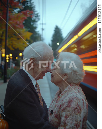 Elderly couple sharing a tender moment on a city street with a colorful train 125912125