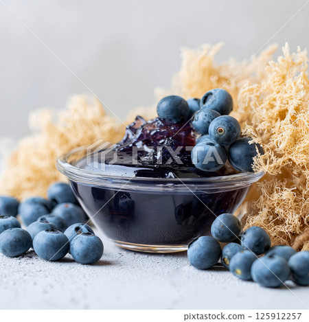 Sea moss gel with fresh blueberries surrounded by natural ingredients for wellness concept Sea moss gel with fresh blueberries surrounded by natural ingredients for wellness concept 125912257