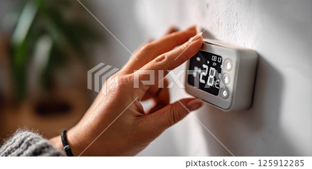 Adjusting smart thermostat temperature for optimal comfort in modern home environment concept 125912285